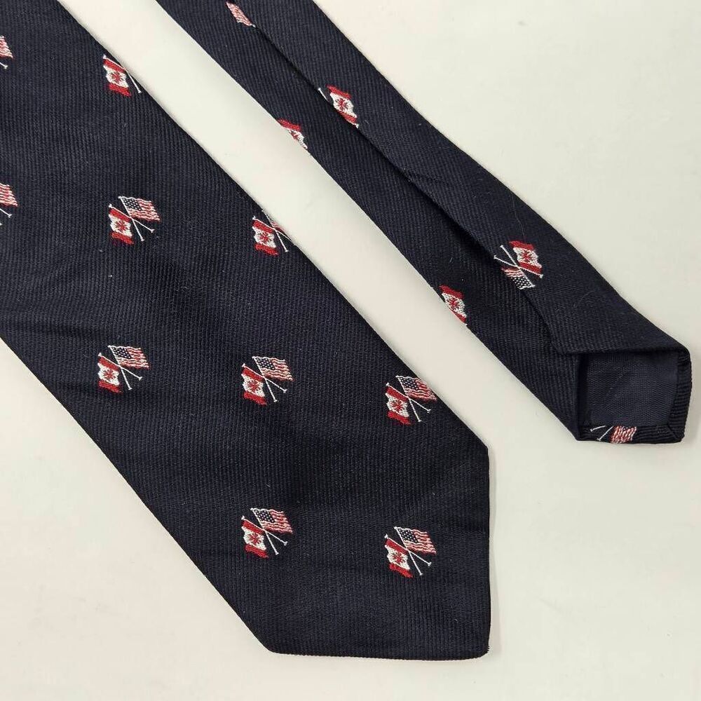 HAMPTON HALL LTD SILK TIE BLUE USA AMERICA AND CANADA FLAG CROSSED 3.5" X 57"